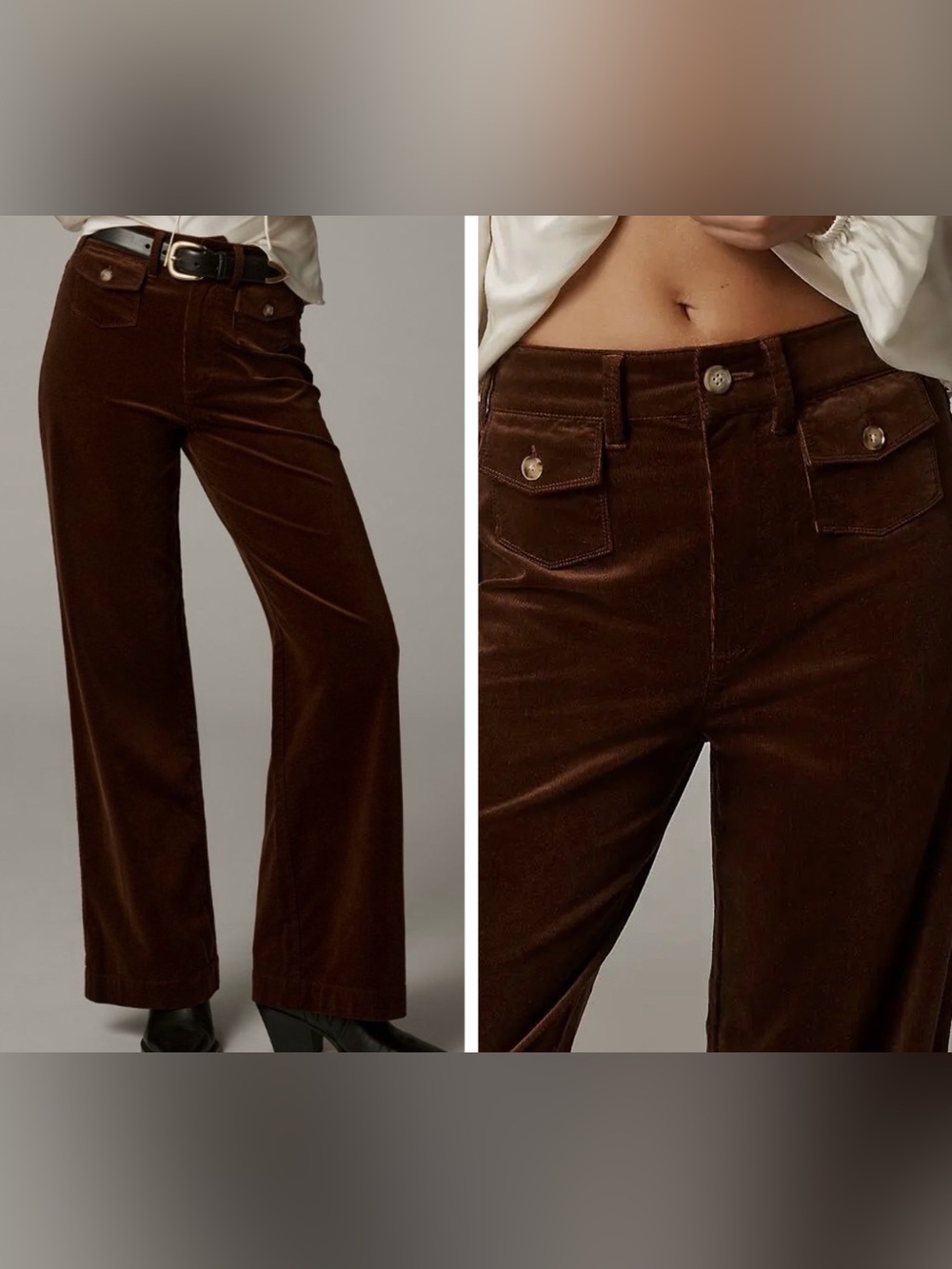PAIGE Anessa High-Rise Brown Wide-Leg Patch-Pocket Jeans, Size 32